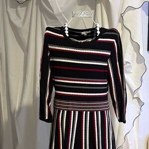 Sandra Darren Black, Red, and White Long Sleeve Sweater Dress